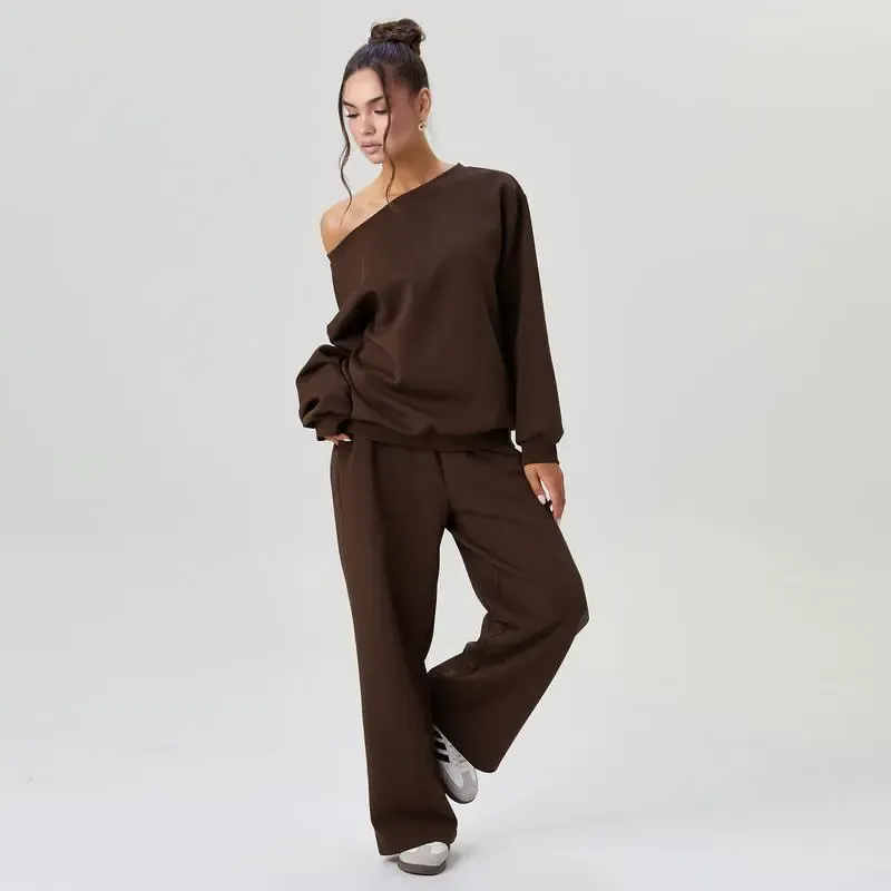 Sloping Shoulder Top & Wide Leg Pants Set