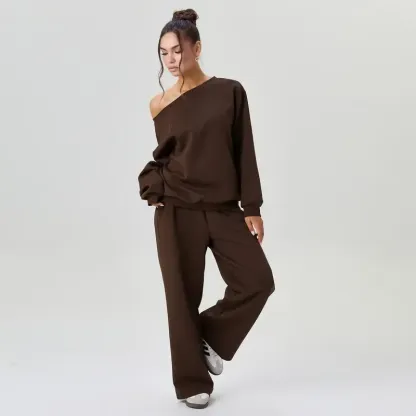 Sloping Shoulder Top & Wide Leg Pants Set