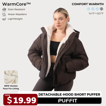 PUFFIT WarmCore Premium Short Puffer Jackets with Removable Hood & Optional Faux Fur Linging, Lady Casual Outerwear Longsleeves Zip Pockets Warm Quilted Coat