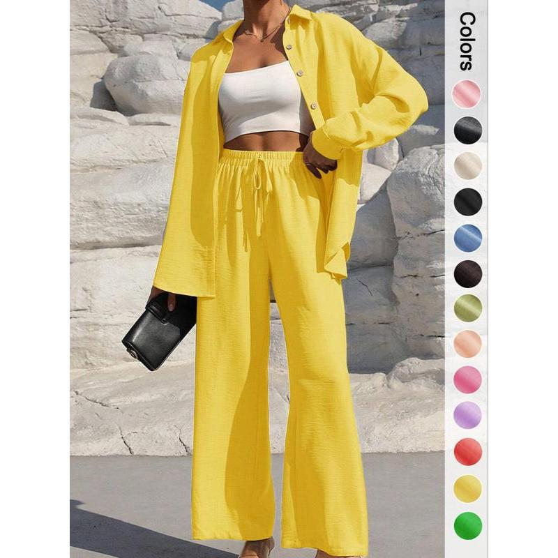 Women's Solid Button Front Shirt & Tie Front Wide Leg Pants Two-piece Set, Casual Loose Drop Shoulder Long Sleeve Top & Trousers for Spring & Fall