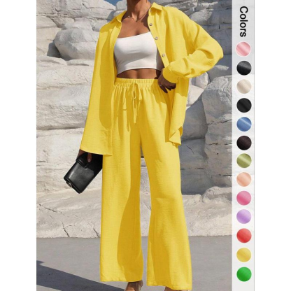 Women's Solid Button Front Shirt & Tie Front Wide Leg Pants Two-piece Set, Casual Loose Drop Shoulder Long Sleeve Top & Trousers for Spring & Fall