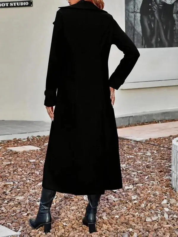 Women'S Solid Double Button Lapel Woolen Coat, Elegant Long Sleeve Long Coat For Women, Women'S Clothing For Autumn & Winter