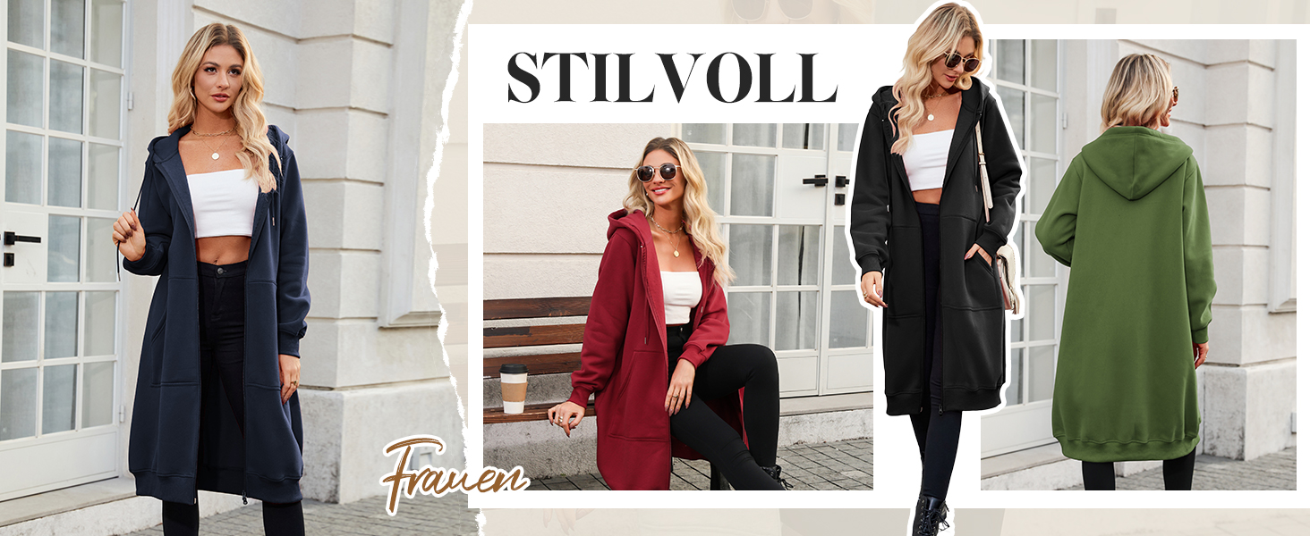 Ausstellung von vier Winterm&auml;nteln in den Farben Marineblau, Rot, Schwarz und Gr&uuml;n. Der Text lautet oben &bdquo;STILVOLL&ldquo;.