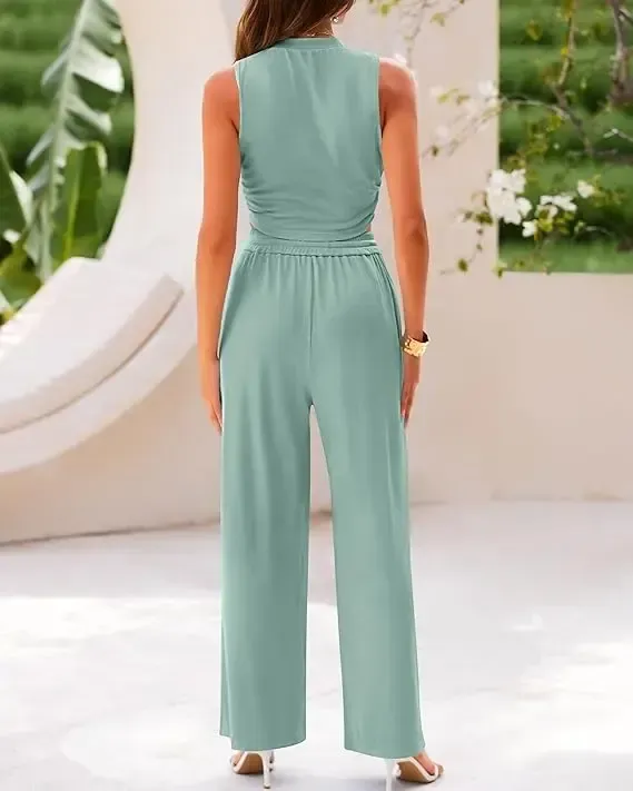 🔥Ribbed Crew-Neck Sleeveless Cropped Top and Wide-Leg Pants Casual Set