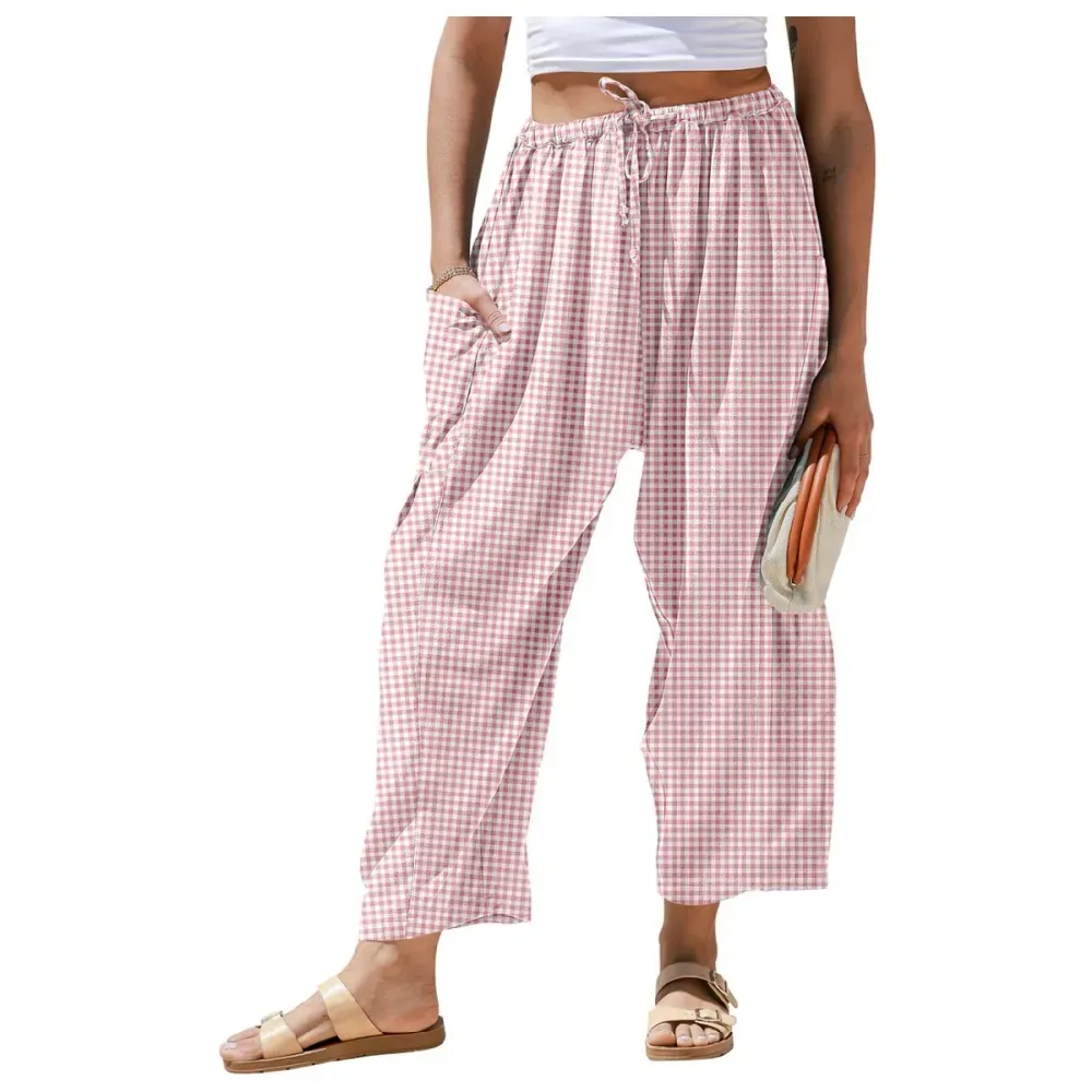 Womens Wide Leg Gingham Striped Plaid Pants