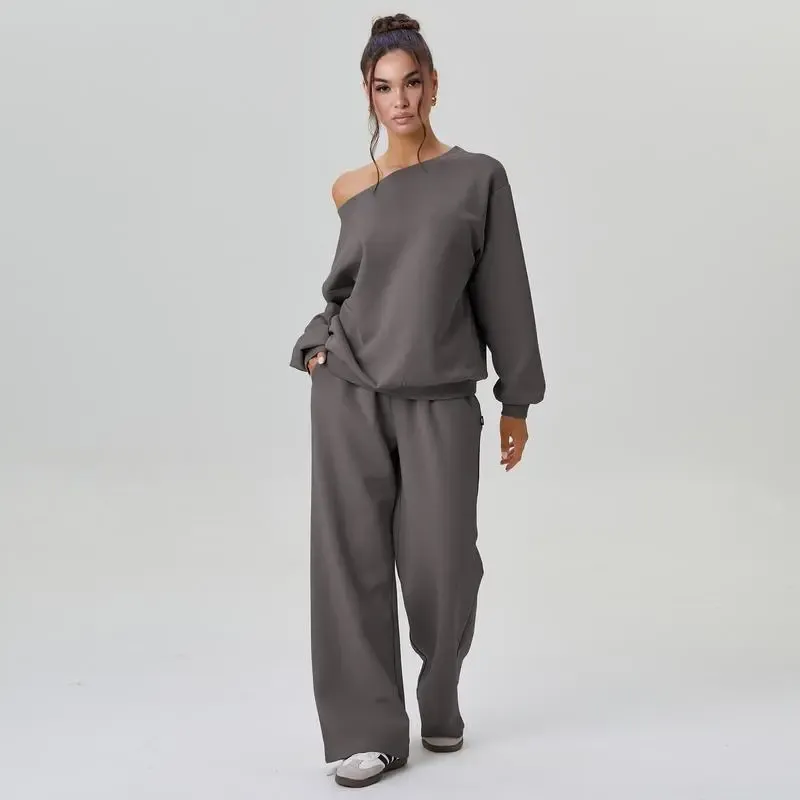 Sloping Shoulder Top & Wide Leg Pants Set