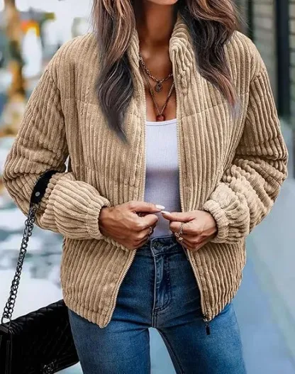 Women's Bomber Jacket Corduroy Ribbed Quilted Zip Up Long Sleeve Winter Coat Fall Outerwear Tops with Pockets ,PACKAGE SET