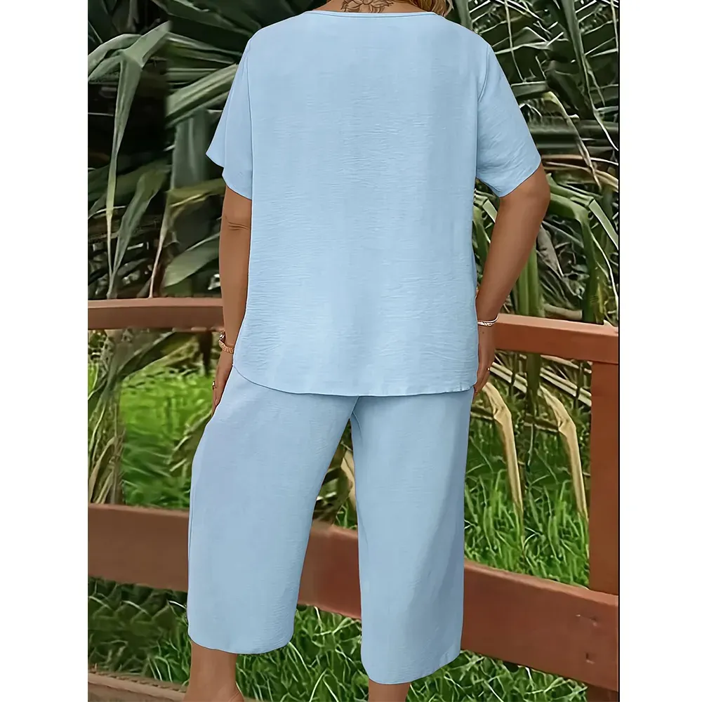 Women's Solid Short Sleeve Top & Loose Wide Leg Pants 2-Piece Set