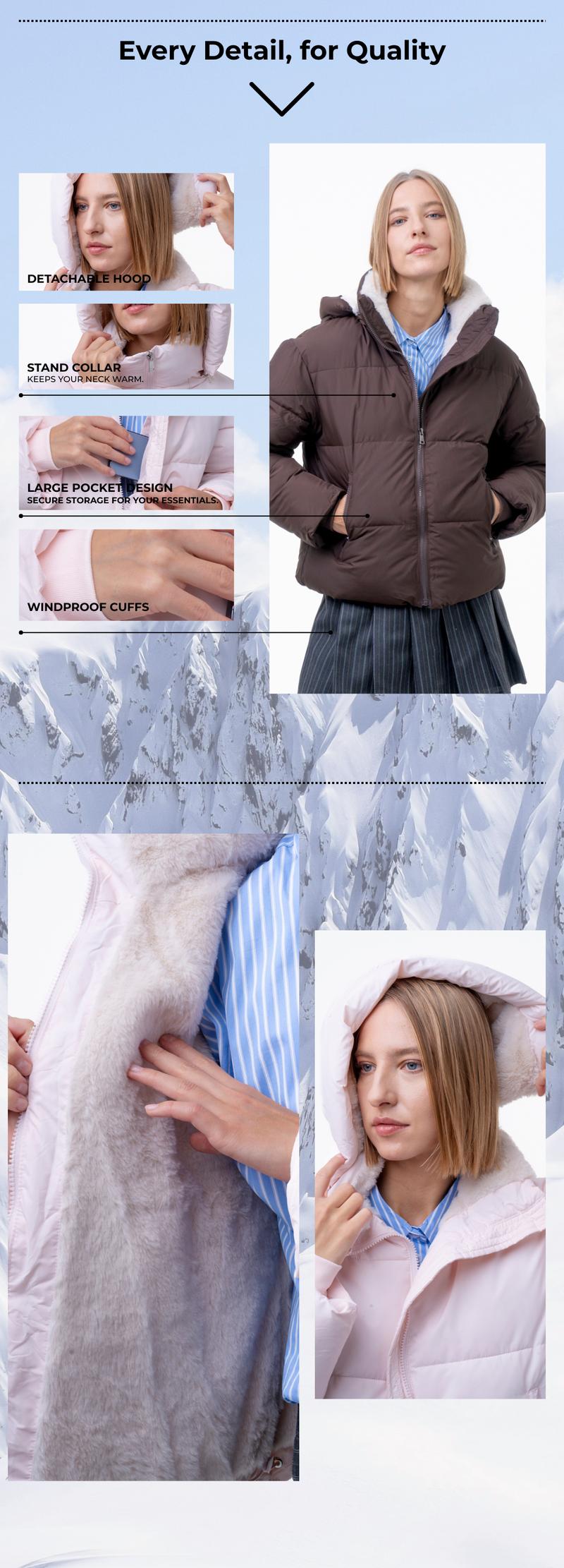 PUFFIT WarmCore Premium Short Puffer Jackets with Removable Hood & Optional Faux Fur Linging, Lady Casual Outerwear Longsleeves Zip Pockets Warm Quilted Coat