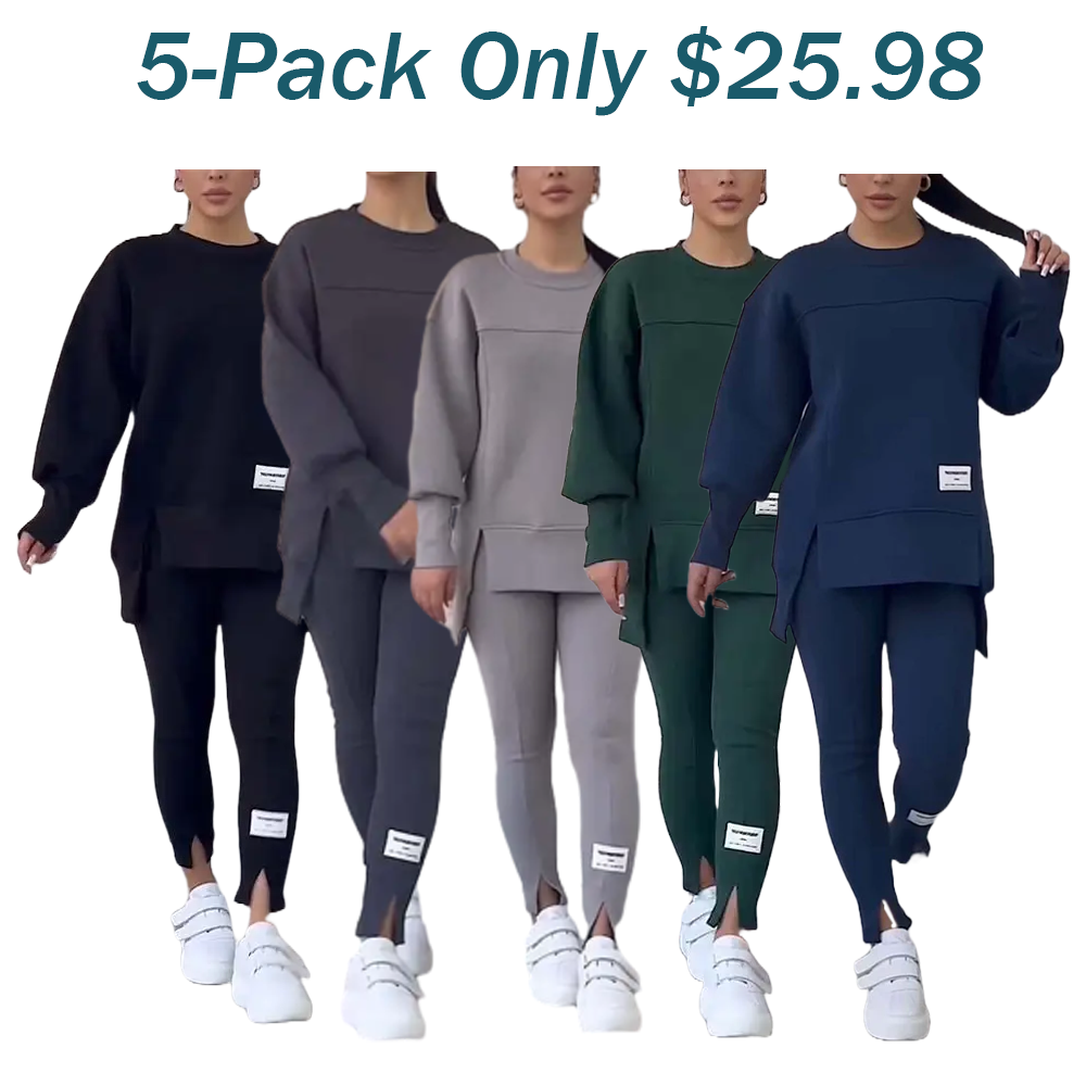 🎉Christmas Deals🎉Women's Casual Solid Color Round Neck Long Sleeve Slit Hem Sweatshirt Leggings Set