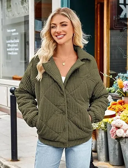 Women's Bomber Jacket Corduroy Ribbed Quilted Zip Up Long Sleeve Winter Coat Fall Outerwear Tops with Pockets ,PACKAGE SET