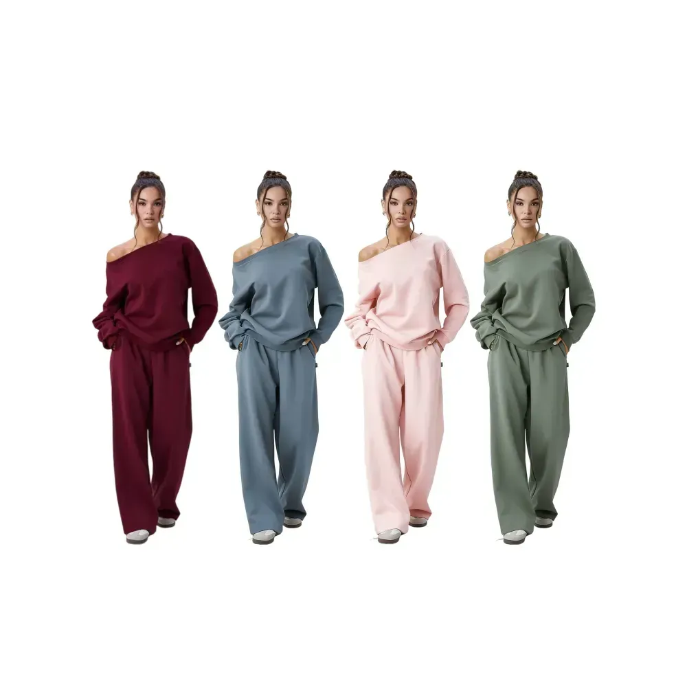 Sloping Shoulder Top & Wide Leg Pants Set