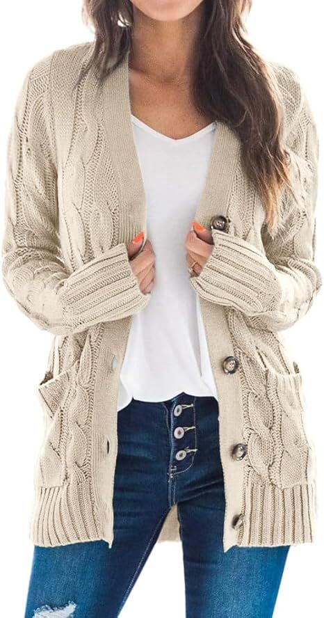 Women's Fall Casual Long Sleeve Button Down Open Front Cable Knit Cardigan