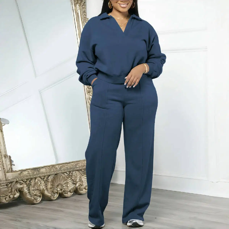 Women's Solid Long Sleeve Sweatshirt & Drawstring Waist Pants Set