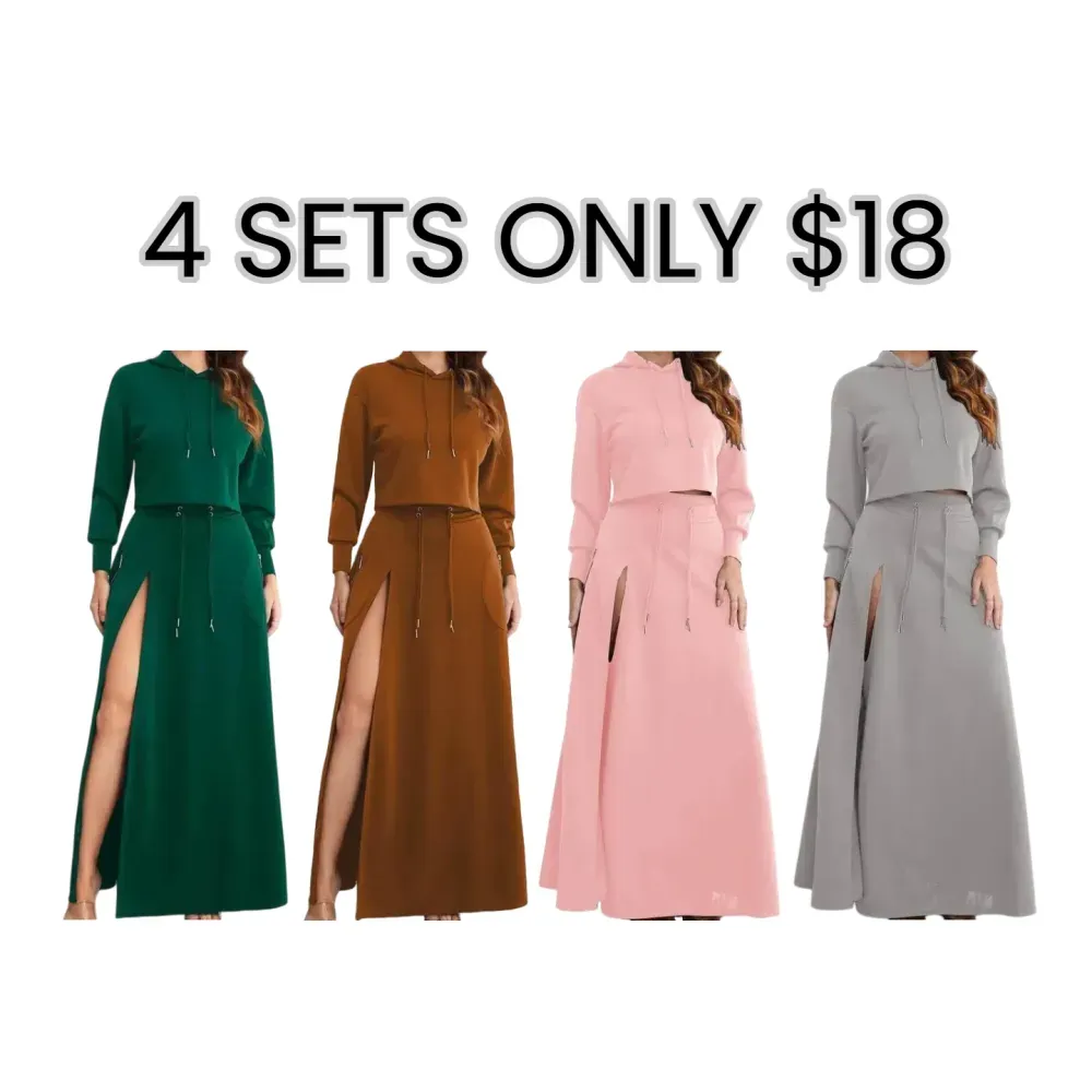 Women's Solid Drawstring Hoodie & Split Thigh Skirt Set, Long Sleeve Top & Pocket Long Skirt, Casual Fashion Cozy Co-ord Set, Women Clothes