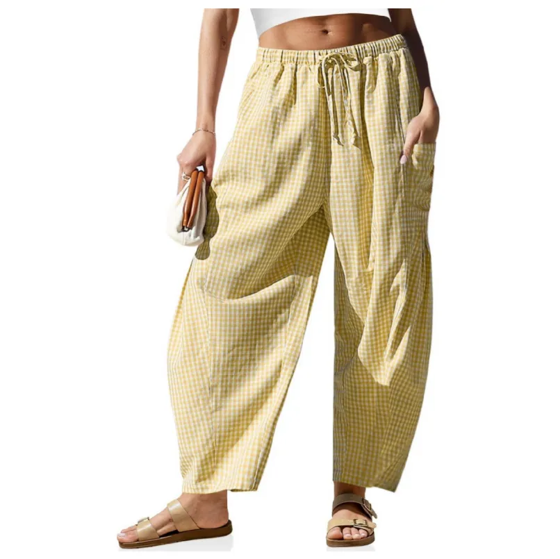 Womens Wide Leg Gingham Striped Plaid Pants