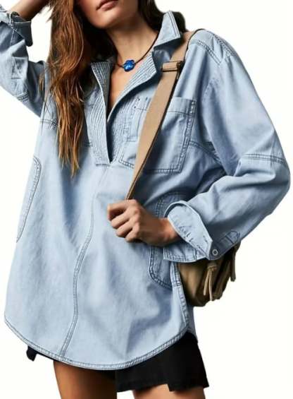 👖 Chic & Comfy Denim Pullover – Button V-Neck + Pockets for Everyday Style! 💙✨
