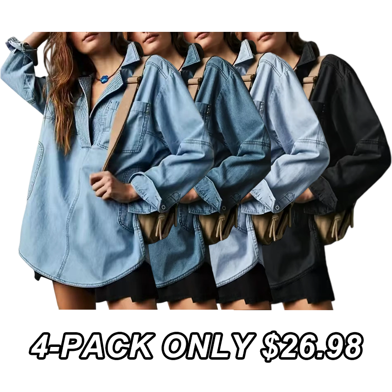 👖 Chic & Comfy Denim Pullover – Button V-Neck + Pockets for Everyday Style! 💙✨