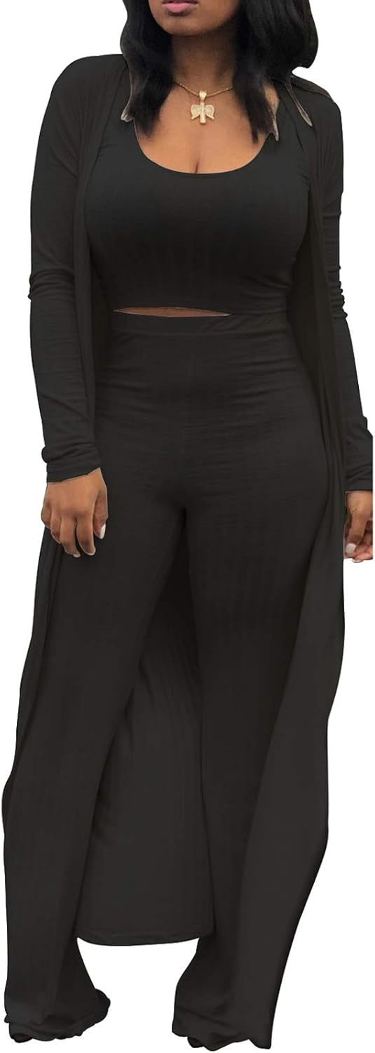 LKOUS 3 Piece Suit for Women's Solid Long Sleeve Open Front Long Coat and Crop Tank Top with Leggings Loungewear