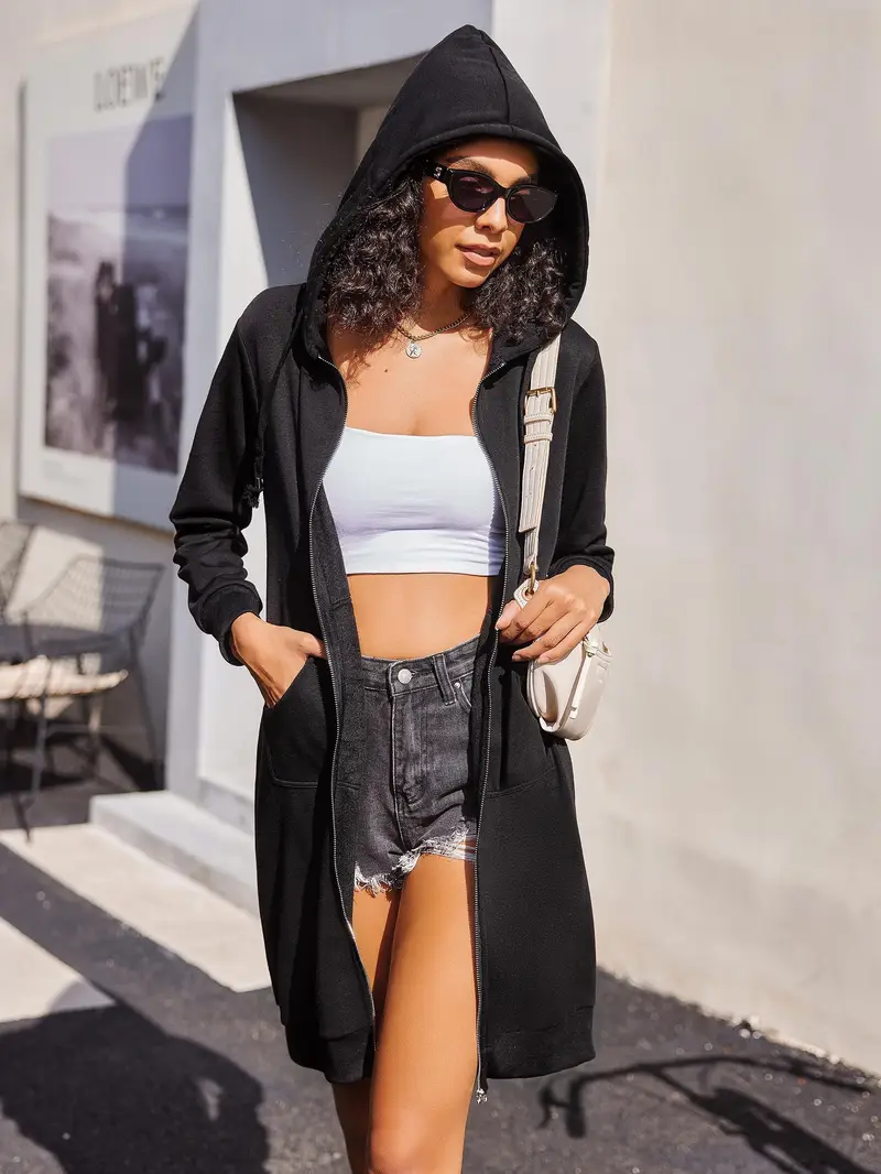 女式休闲拉链毛绒连帽衫束腰外衣运动衫长连帽衫夹克 2