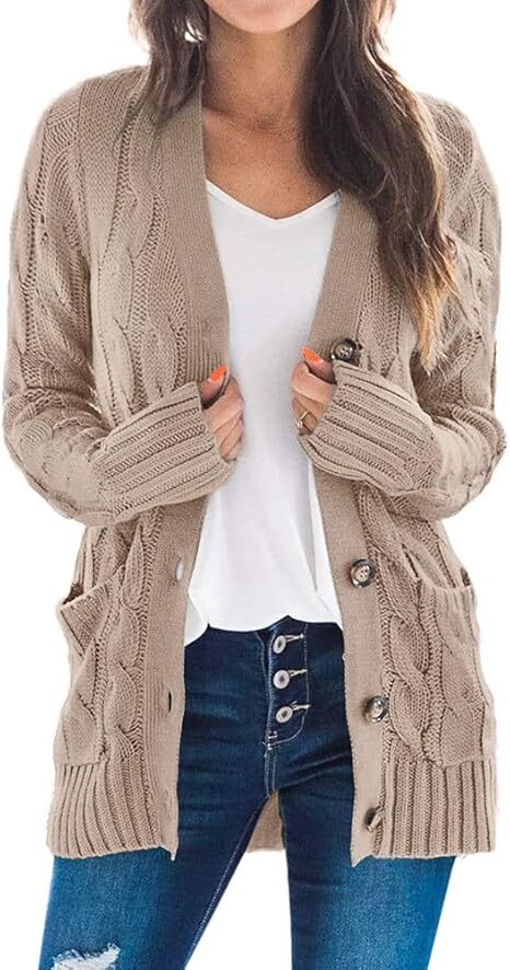 Women's Fall Casual Long Sleeve Button Down Open Front Cable Knit Cardigan