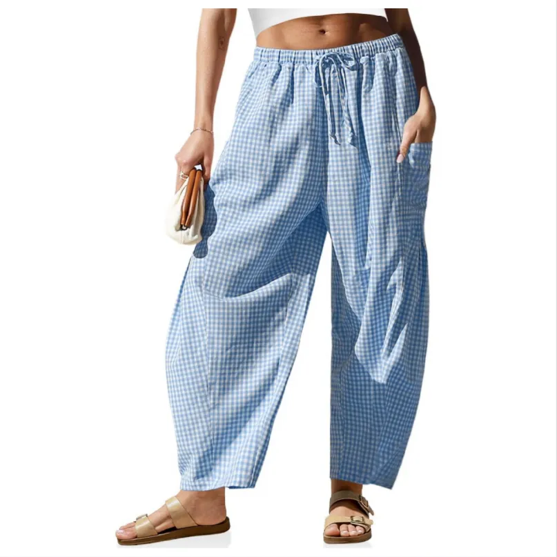 Womens Wide Leg Gingham Striped Plaid Pants