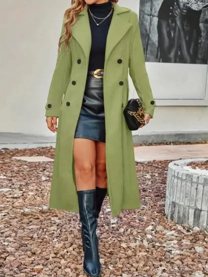 Women'S Solid Double Button Lapel Woolen Coat, Elegant Long Sleeve Long Coat For Women, Women'S Clothing For Autumn & Winter