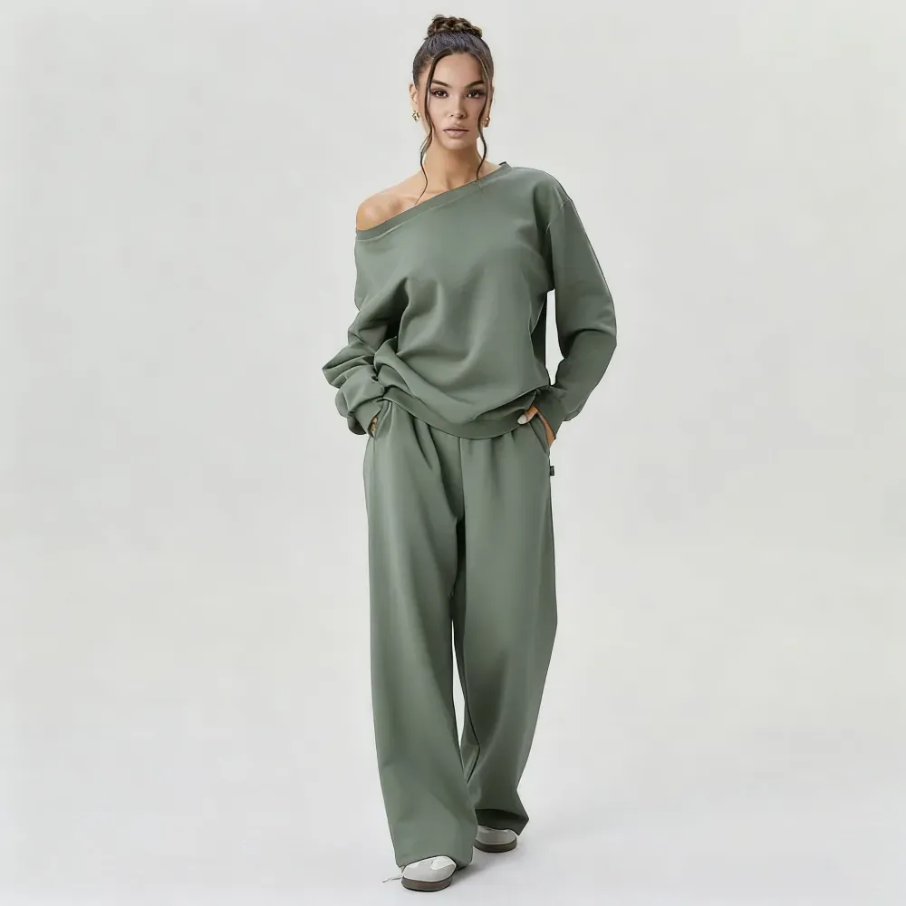 Sloping Shoulder Top & Wide Leg Pants Set