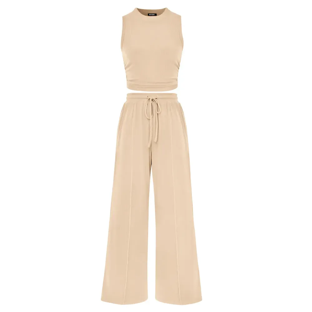 🔥Ribbed Crew-Neck Sleeveless Cropped Top and Wide-Leg Pants Casual Set