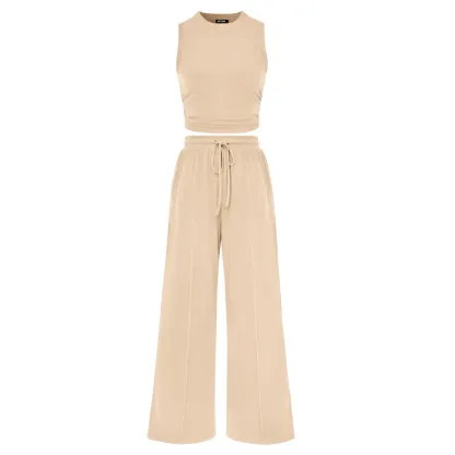 🔥Ribbed Crew-Neck Sleeveless Cropped Top and Wide-Leg Pants Casual Set