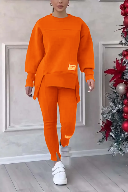 🎉Christmas Deals🎉Women's Casual Solid Color Round Neck Long Sleeve Slit Hem Sweatshirt Leggings Set