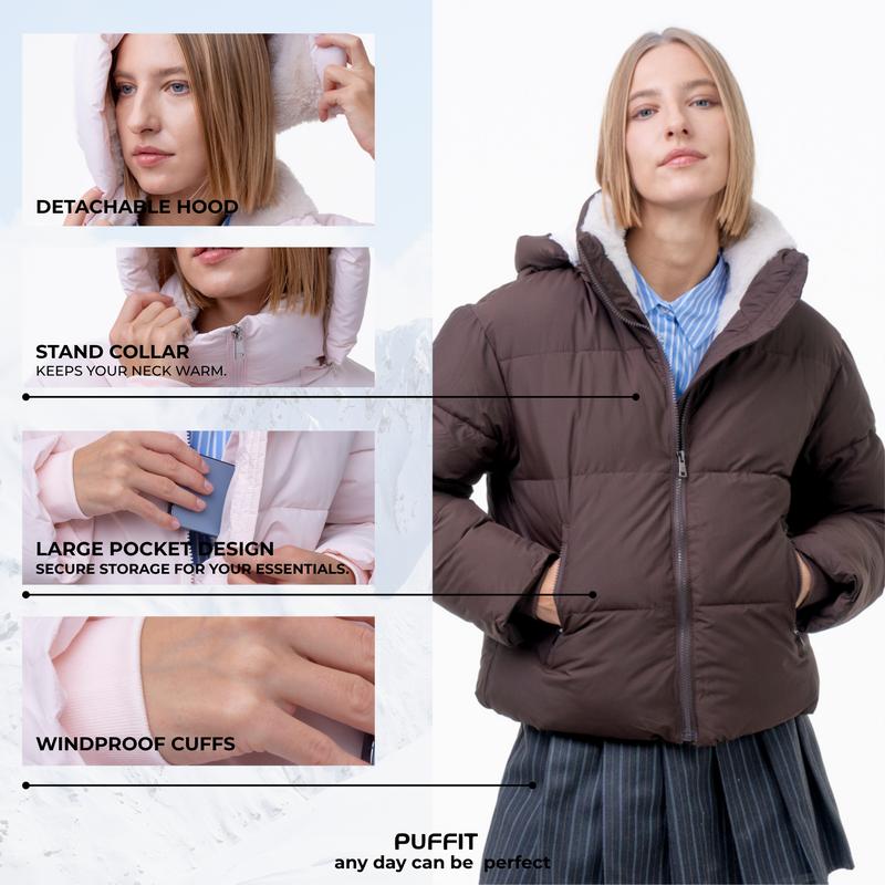 PUFFIT WarmCore Premium Short Puffer Jackets with Removable Hood & Optional Faux Fur Linging, Lady Casual Outerwear Longsleeves Zip Pockets Warm Quilted Coat