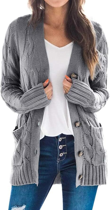 Women's Fall Casual Long Sleeve Button Down Open Front Cable Knit Cardigan