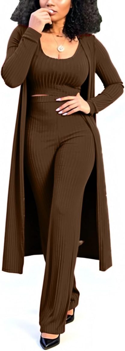 LKOUS 3 Piece Suit for Women's Solid Long Sleeve Open Front Long Coat and Crop Tank Top with Leggings Loungewear