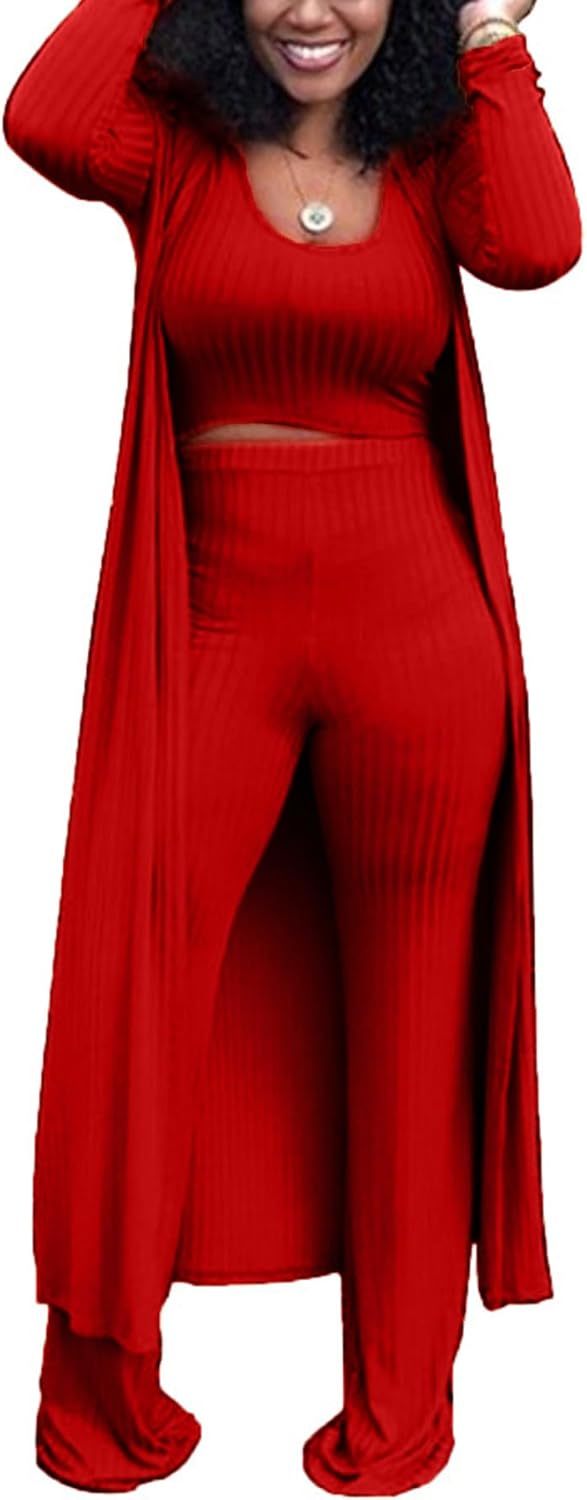 LKOUS 3 Piece Suit for Women's Solid Long Sleeve Open Front Long Coat and Crop Tank Top with Leggings Loungewear
