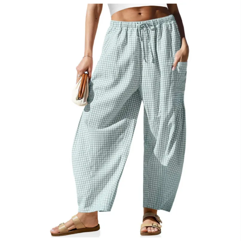 Womens Wide Leg Gingham Striped Plaid Pants