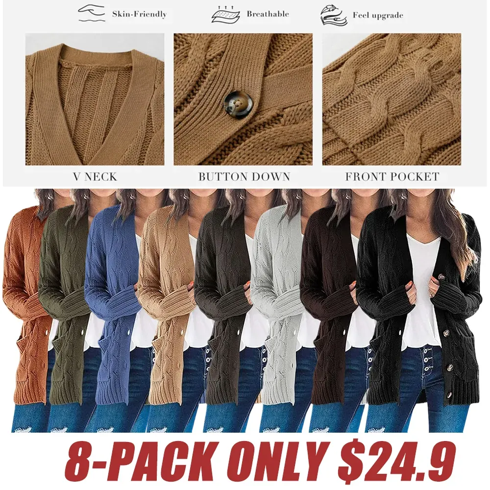 Women's Fall Casual Long Sleeve Button Down Open Front Cable Knit Cardigan