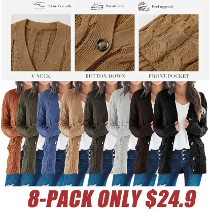 Women's Fall Casual Long Sleeve Button Down Open Front Cable Knit Cardigan