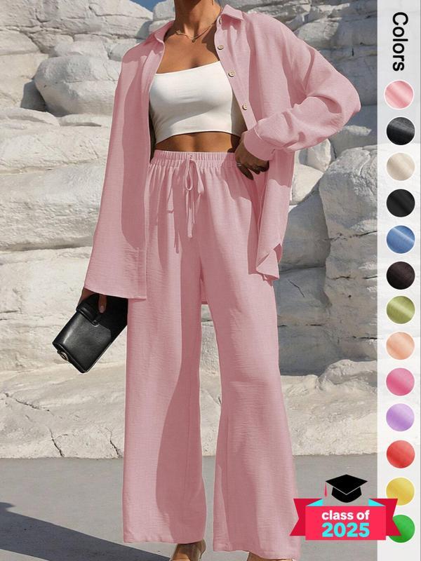 Women's Solid Button Front Shirt & Tie Front Wide Leg Pants Two-piece Set, Casual Loose Drop Shoulder Long Sleeve Top & Trousers for Spring & Fall
