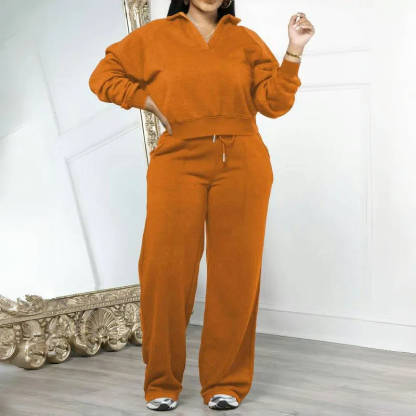 Women's Solid Long Sleeve Sweatshirt & Drawstring Waist Pants Set