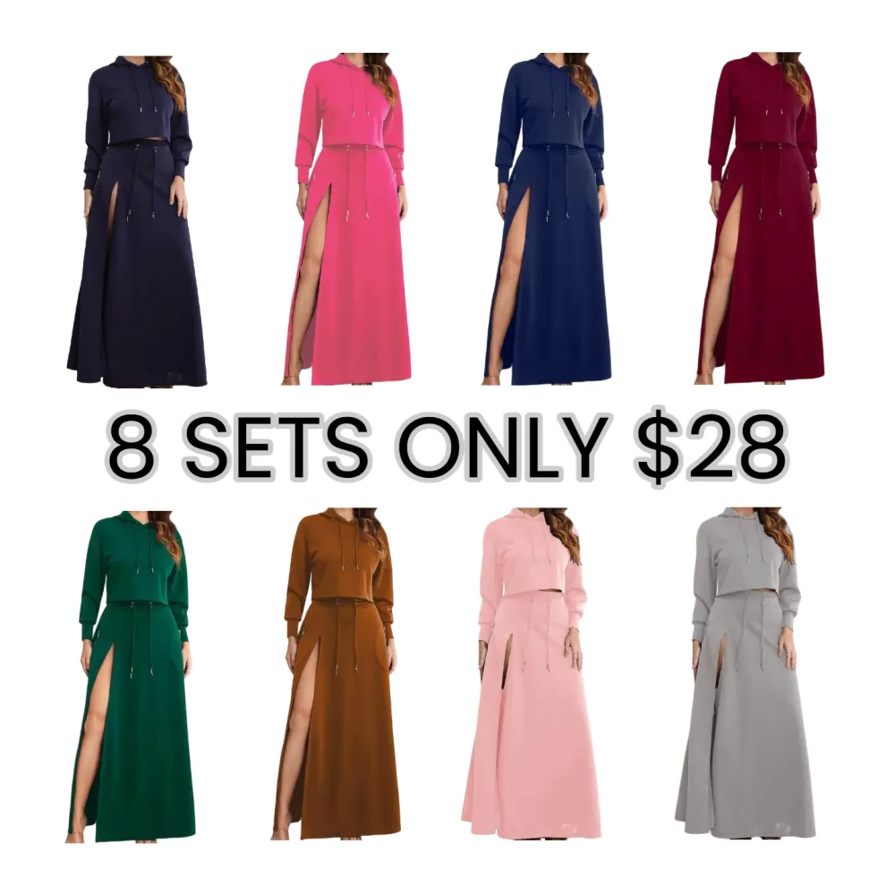 Women's Solid Drawstring Hoodie & Split Thigh Skirt Set, Long Sleeve Top & Pocket Long Skirt, Casual Fashion Cozy Co-ord Set, Women Clothes