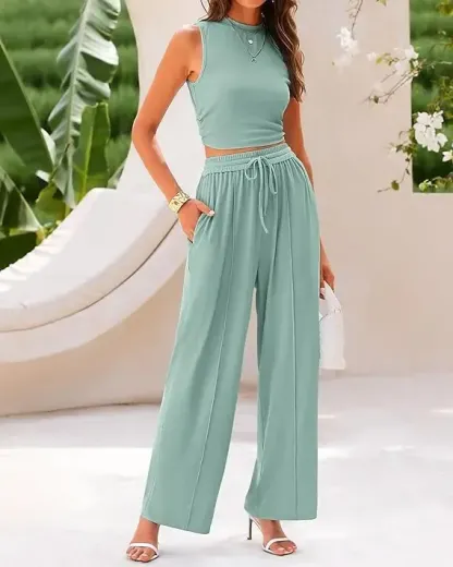 🔥Ribbed Crew-Neck Sleeveless Cropped Top and Wide-Leg Pants Casual Set