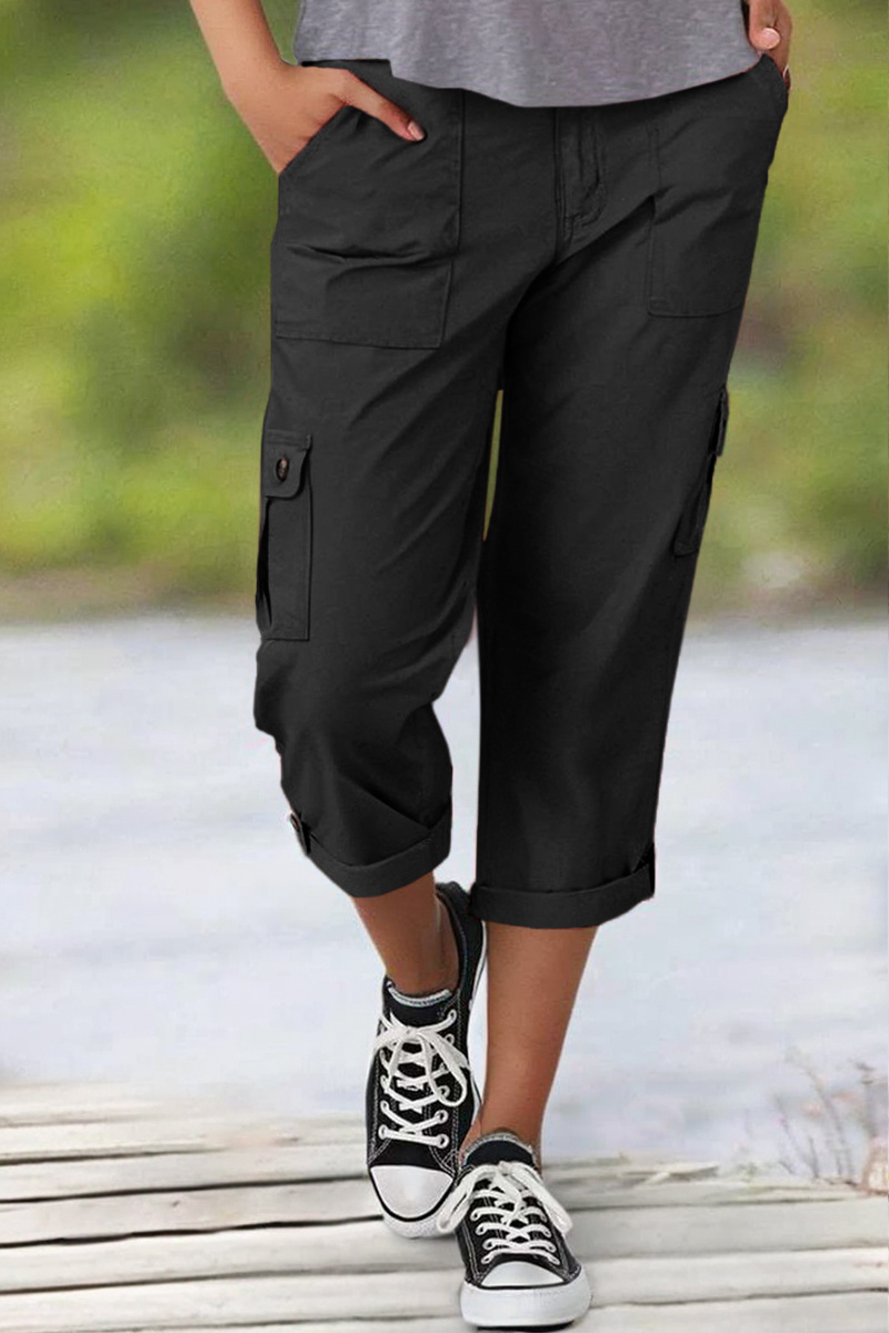 Roll Tab Hem Multi Pocket Capri Mid Waist Cargo Pants