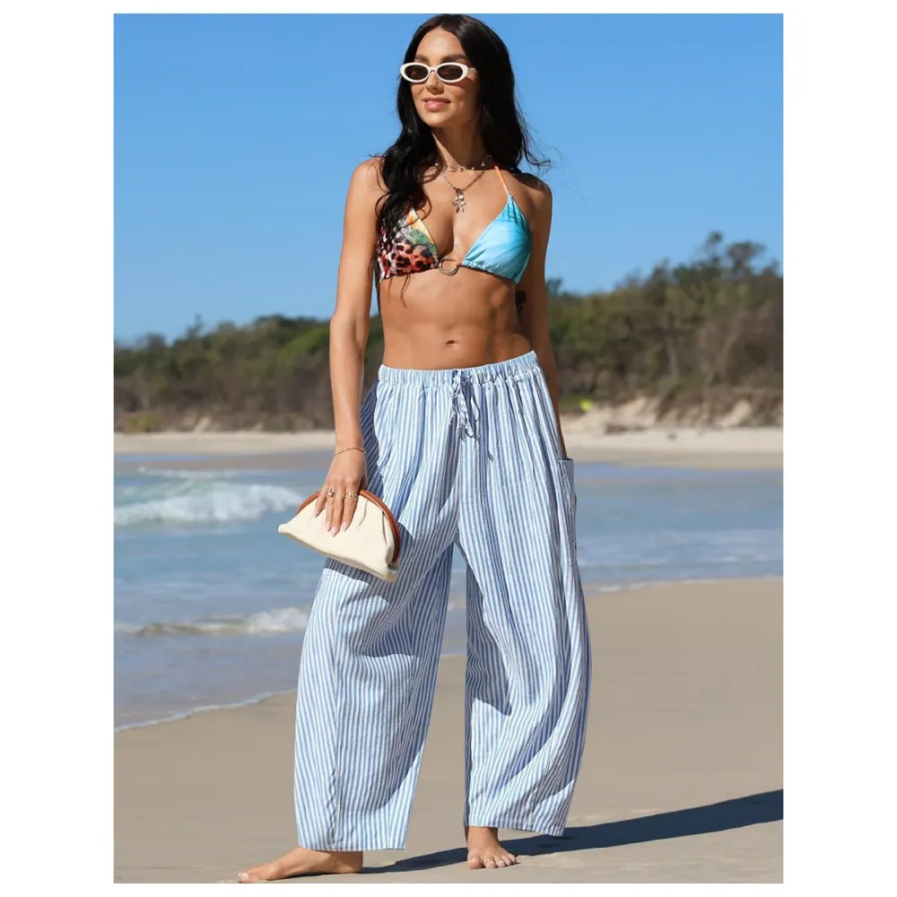 Womens Wide Leg Gingham Striped Plaid Pants