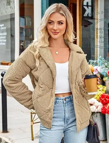 Women's Bomber Jacket Corduroy Ribbed Quilted Zip Up Long Sleeve Winter Coat Fall Outerwear Tops with Pockets ,PACKAGE SET