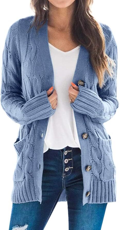 Women's Fall Casual Long Sleeve Button Down Open Front Cable Knit Cardigan