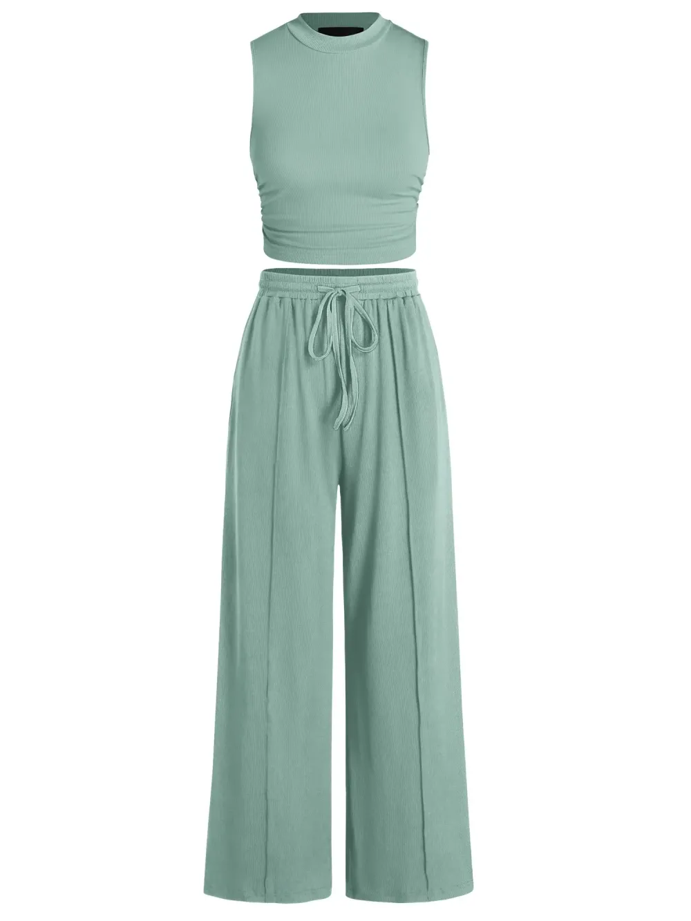 🔥Ribbed Crew-Neck Sleeveless Cropped Top and Wide-Leg Pants Casual Set
