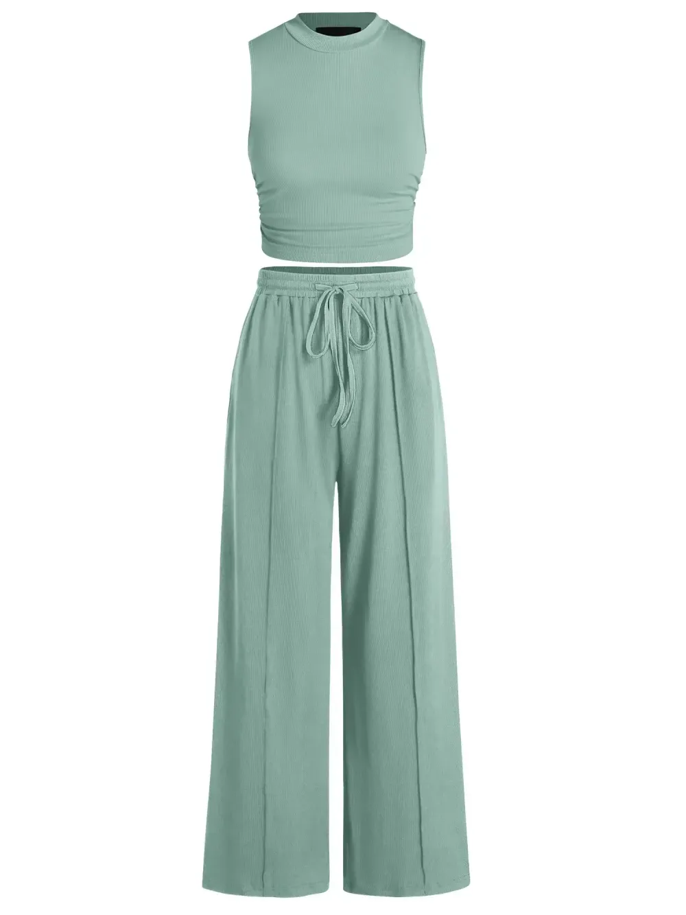 🔥Ribbed Crew-Neck Sleeveless Cropped Top and Wide-Leg Pants Casual Set