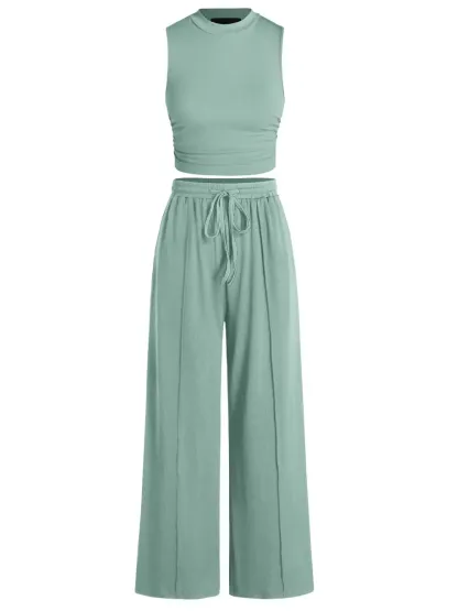🔥Ribbed Crew-Neck Sleeveless Cropped Top and Wide-Leg Pants Casual Set