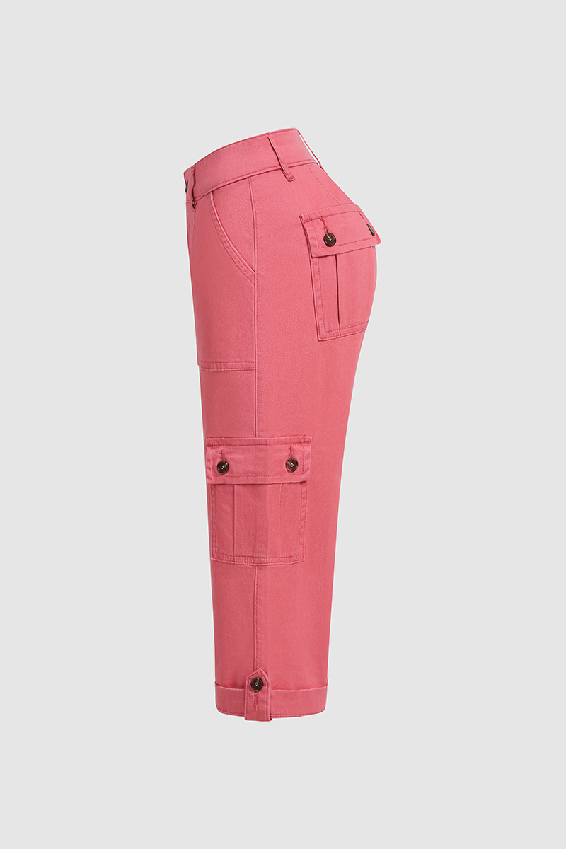 Roll Tab Hem Multi Pocket Capri Mid Waist Cargo Pants